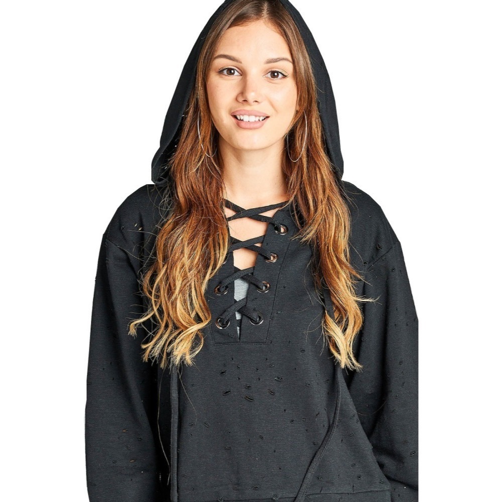 Distressed Lace Up Hoodie -Black